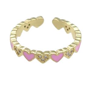 copper Ring paved zircon with pink enamel heart, gold plated, approx 3-4mm, 17mm dia