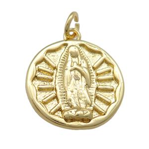 copper Virgin Mary charm pendant, gold plated, approx 16mm dia