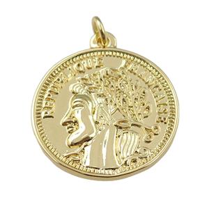 copper coin pendant with beauty, gold plated, approx 25mm dia