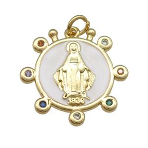copper Virgin Mary pendant with white enamel, gold plated, approx 15mm dia
