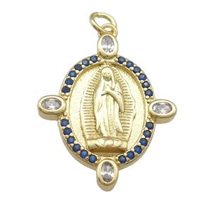 copper Virgin Mary pendant paved blue zircon, gold plated, approx 14-18mm