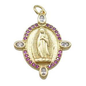 copper Virgin Mary pendant paved hotpink zircon, gold plated, approx 14-18mm