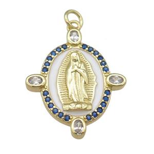 copper Virgin Mary pendant paved blue zircon with white enamel, gold plated, approx 14-18mm