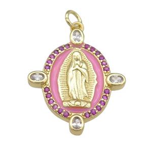 copper Virgin Mary pendant paved hotpink zircon with pink enamel, gold plated, approx 14-18mm
