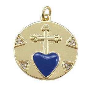 copper circle pendant with cross, blue enamel heart, gold plated, approx 20mm dia