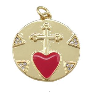 copper circle pendant with cross, red enamel heart, gold plated, approx 20mm dia
