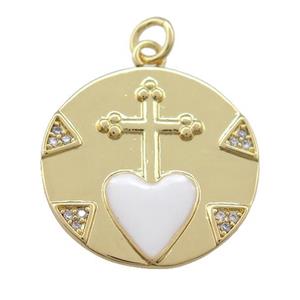 copper circle pendant with cross, white enamel heart, gold plated, approx 20mm dia