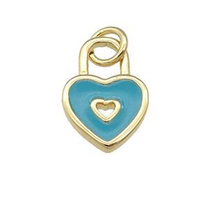 copper Heart Lock pendant with teal enamel, gold plated, approx 9-13mm