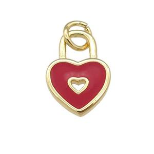copper Heart Lock pendant with red enamel, gold plated, approx 9-13mm
