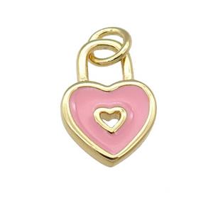 copper Heart Lock pendant with pink enamel, gold plated, approx 9-13mm