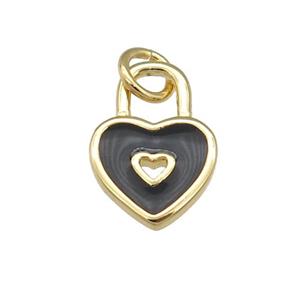 copper Heart Lock pendant with black enamel, gold plated, approx 9-13mm