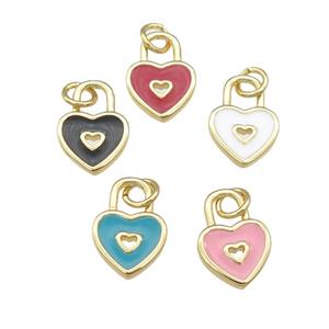 copper Heart Lock pendant with enamel, gold plated, mixed, approx 9-13mm