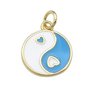 copper Taichi pendant, yinyang, blue enamel, gold plated, approx 12mm dia