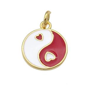 copper Taichi pendant, yinyang, red enamel, gold plated, approx 12mm dia