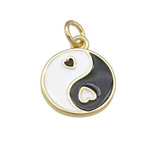copper Taichi pendant, yinyang, white black enamel, circle, gold plated, approx 12mm dia