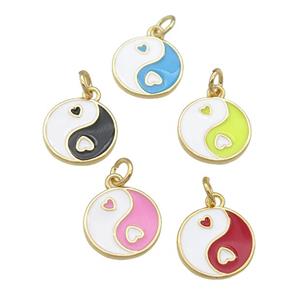 copper Taichi pendant, yinyang, enamel, gold plated, mixed, approx 12mm dia