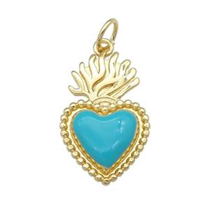 copper Milagro Heart pendant with teal enamel, gold plated, approx 12-20mm