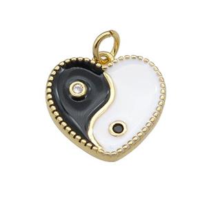 copper Taichi pendant with black enamel, heart, gold plated, approx 13-15mm