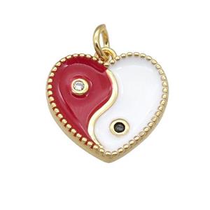 copper Taichi pendant with red enamel, heart, gold plated, approx 13-15mm
