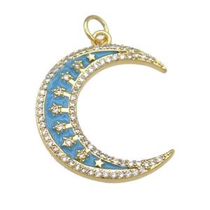 copper crescent Moon pendant paved zircon with teal enamel, gold plated, approx 6-23mm