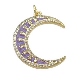 copper crescent Moon pendant paved zircon with lavender enamel, gold plated, approx 6-23mm