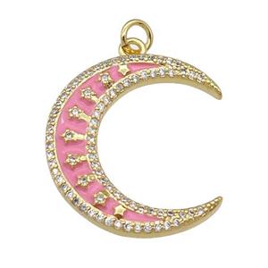 copper crescent Moon pendant paved zircon with pink enamel, gold plated, approx 6-23mm
