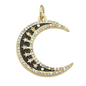 copper crescent Moon pendant paved zircon with black enamel, gold plated, approx 6-23mm
