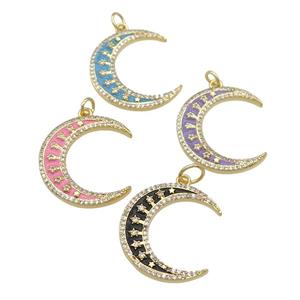 copper crescent Moon pendant paved zircon with enamel, gold plated, mixed, approx 6-23mm