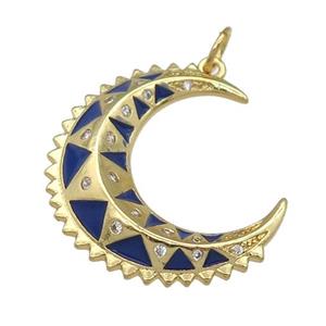 copper crescent Moon pendant with blue enamel, gold plated, approx 8-24mm