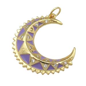 copper crescent Moon pendant with lavender enamel, gold plated, approx 8-24mm