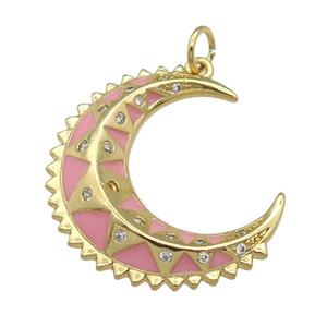 copper crescent Moon pendant with pink enamel, gold plated, approx 8-24mm