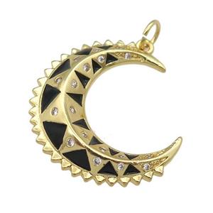 copper crescent Moon pendant with black enamel, gold plated, approx 8-24mm
