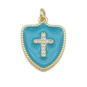 copper Shield Cross pendant paved zircon with teal enamel, gold plated, approx 15-18mm
