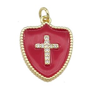 copper Shield Cross pendant paved zircon with red enamel, gold plated, approx 15-18mm
