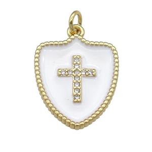 copper Shield Cross pendant paved zircon with white enamel, gold plated, approx 15-18mm