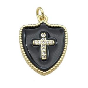 copper Shield Cross pendant paved zircon with black enamel, gold plated, approx 15-18mm