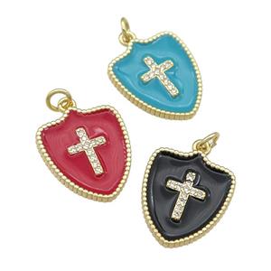 copper Shield Cross pendant paved zircon with enamel, gold plated, mixed, approx 15-18mm