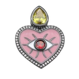copper Heart pendant paved zircon with pink enamel, black plated, approx 20mm
