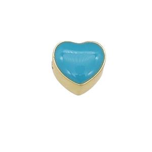 copper Heart beads with teal enamel, gold plated, approx 9mm