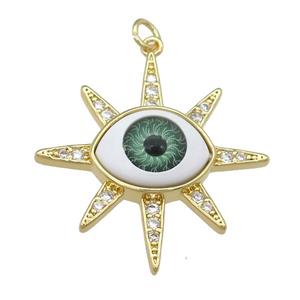 copper pendant paved zircon with green Evil Eye, gold plated, approx 30mm