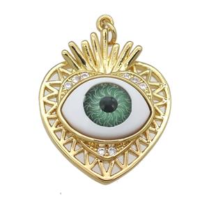 copper heart pendant paved zircon with green Evil Eye, gold plated, approx 22-25mm
