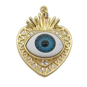 copper heart pendant paved zircon with blue Evil Eye, gold plated, approx 22-25mm