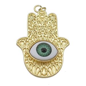 copper hamsahand pendant with green Evil Eye, gold plated, approx 28-38mm