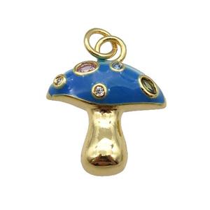 copper mushroom pendant paved zircon with blue enamel, gold plated, approx 17mm