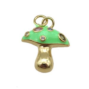copper mushroom pendant paved zircon with green enamel, gold plated, approx 17mm