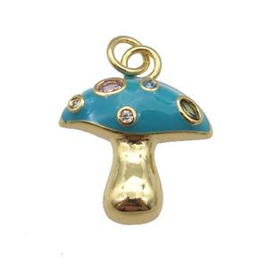 copper mushroom pendant paved zircon with teal enamel, gold plated, approx 17mm