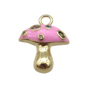 copper mushroom pendant paved zircon with pink enamel, gold plated, approx 17mm