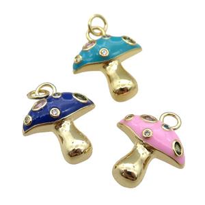 copper mushroom pendant paved zircon with enamel, gold plated, mixed, approx 17mm