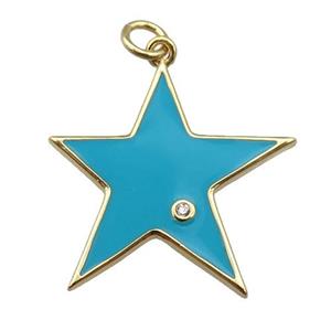 copper Star pendant with teal enamel, gold plated, approx 22mm