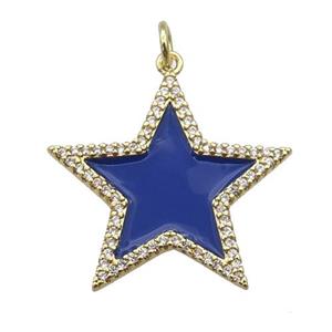 copper Star pendant paved zircon with blue enamel, gold plated, approx 25mm